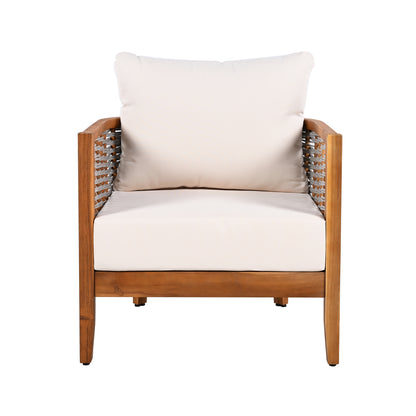 Outdoor Unique Tub Design Armchair with Woven Rope, Patio Furniture Acacia Wood Chair, Deep Seating with Soft Cushions for Porch, Garden, Backyard, Balcony, Teak Finish & Beige Cushion image 5