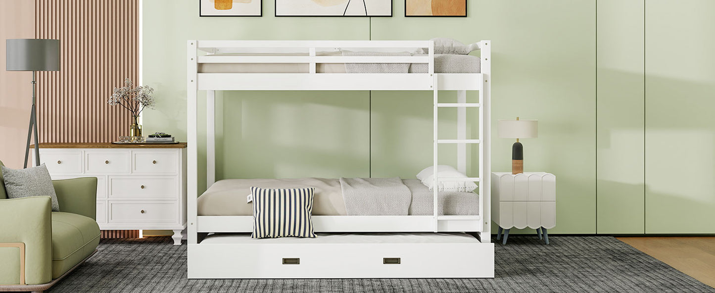 Wood Queen Size Bunk Bed with Ladder and Trundle, White image 8