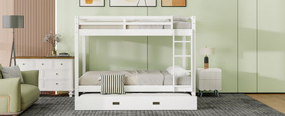 Wood Queen Size Bunk Bed with Ladder and Trundle, White image 8