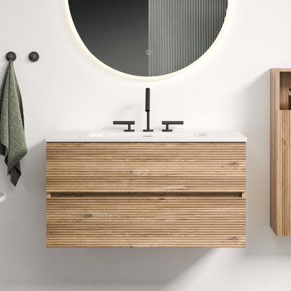 Gloria 36" Wall Mounted Rough Oak&Rough Oak Bathroom Vanity with Integrated Ceramic Sink with Overflow, with 3 holes, Large Storage Floating Bathroom Vanity for Modern Bathroom, KD image 1