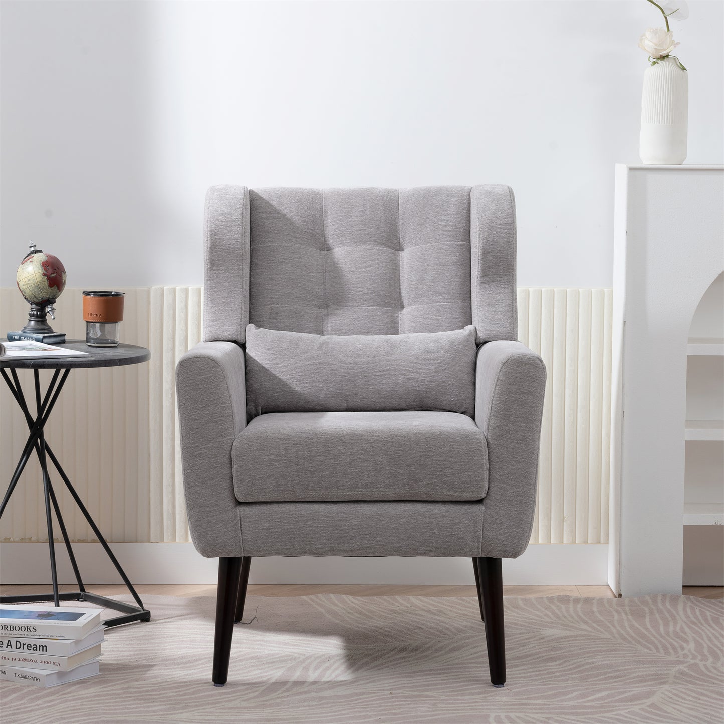 Modern Accent Chair,Chenille Arm Chairs for Living Room,Upholstered Mordern Armchair,Comfy Soft Padded Lounge Chair in Small Space, Bedroom, w/Pillow, Solid Wood Leg (Gray) image 7
