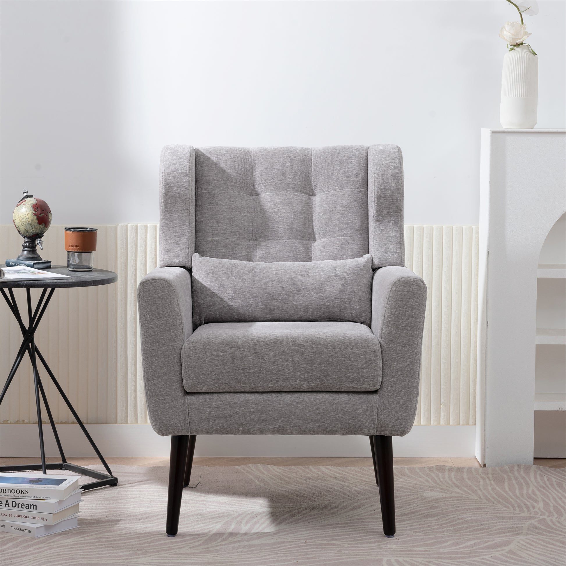 Modern Accent Chair,Chenille Arm Chairs for Living Room,Upholstered Mordern Armchair,Comfy Soft Padded Lounge Chair in Small Space, Bedroom, w/Pillow, Solid Wood Leg (Gray) image 7
