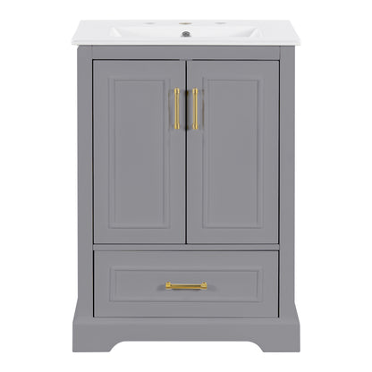 24"Bathroom Vanity with Sink, MDF Cabinet with Solid Wood Frame, 1 Divided Drawer and 2 Soft Close Doors with Double Shelf on the Door, Freestanding Vanity image 12