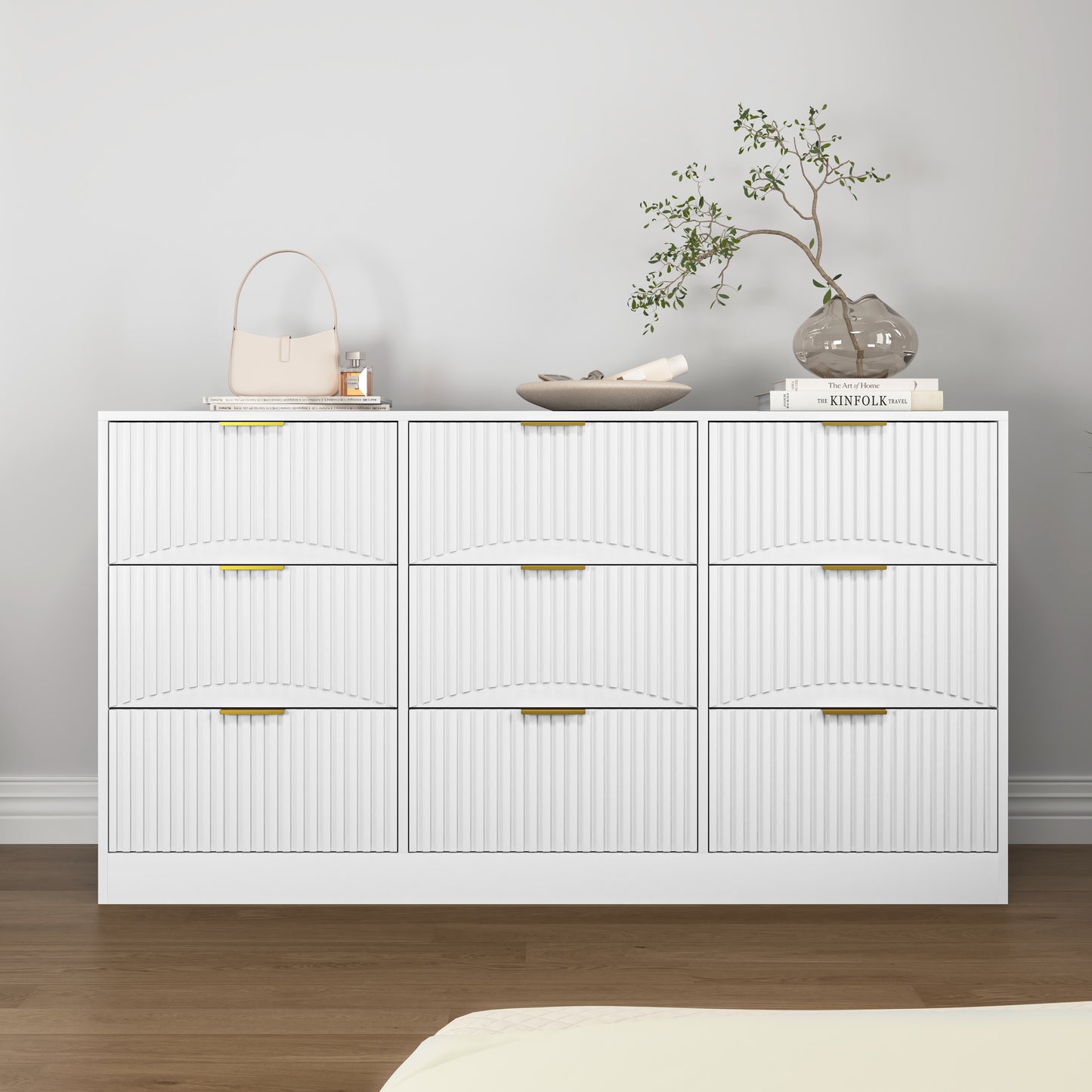 White 9 Drawer Dresser, 63" Large Deep Chest of Drawers, Wooden Dresser Storage Cabinet with 9 Drawers for Bedroom, Long Dressers for Living Room, Hallway, Drawer panel with wavy patterns image 5