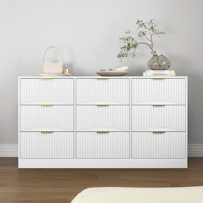 White 9 Drawer Dresser, 63" Large Deep Chest of Drawers, Wooden Dresser Storage Cabinet with 9 Drawers for Bedroom, Long Dressers for Living Room, Hallway, Drawer panel with wavy patterns image 5