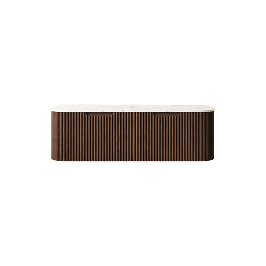 DINA 48 inch wall mounted plywood bathroom vanity cabinet with Carrara White sintered stone countertop, dark walnut woodgrain, front view