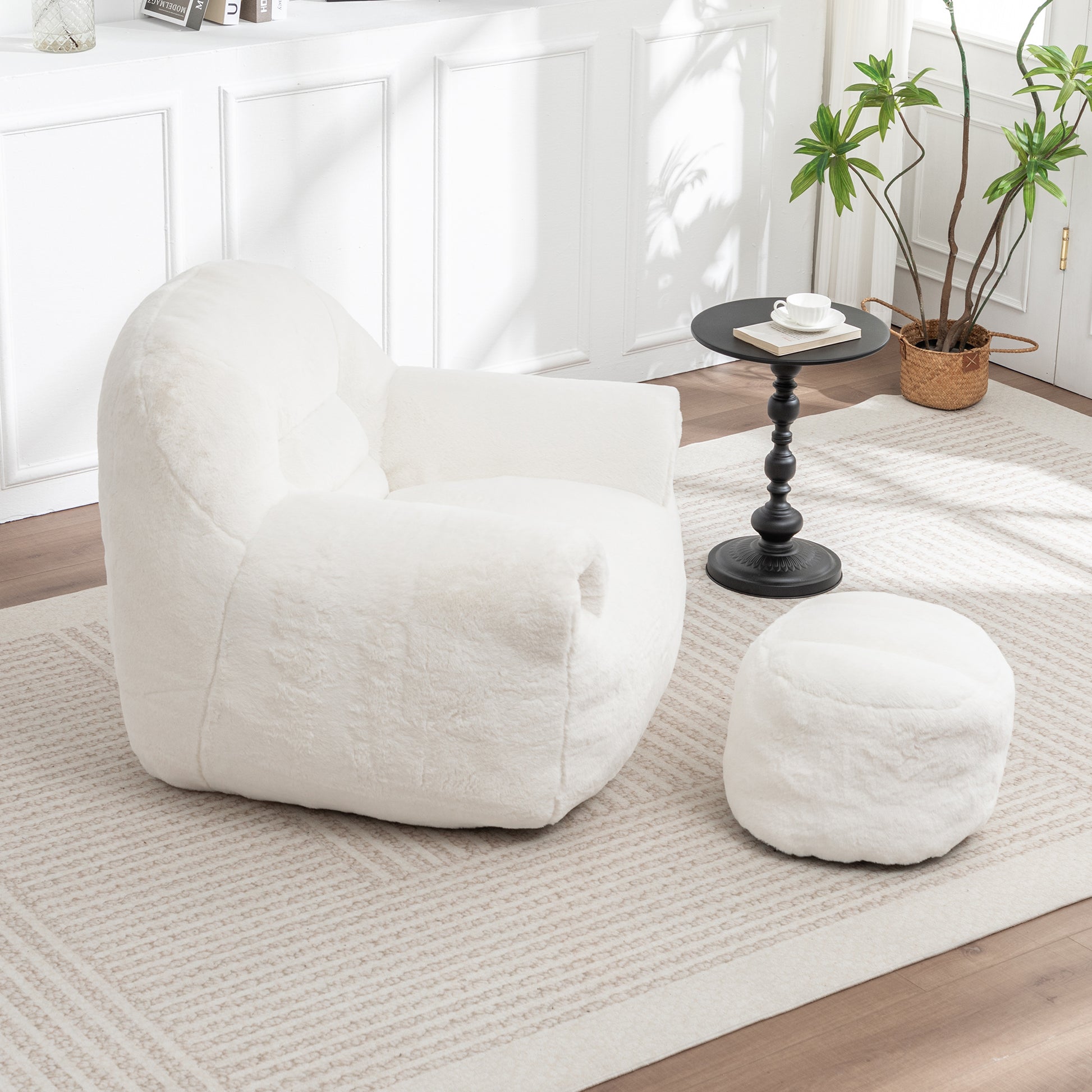 Bean Bag Chair, Comfy Bean Bag Sofa with Back Support, With Footstool,Faux Fur Bean Bag Chair for Adults and Kids, Stuffed Floor Sofa for Living Room, Bedroom, Apartment, White image 6