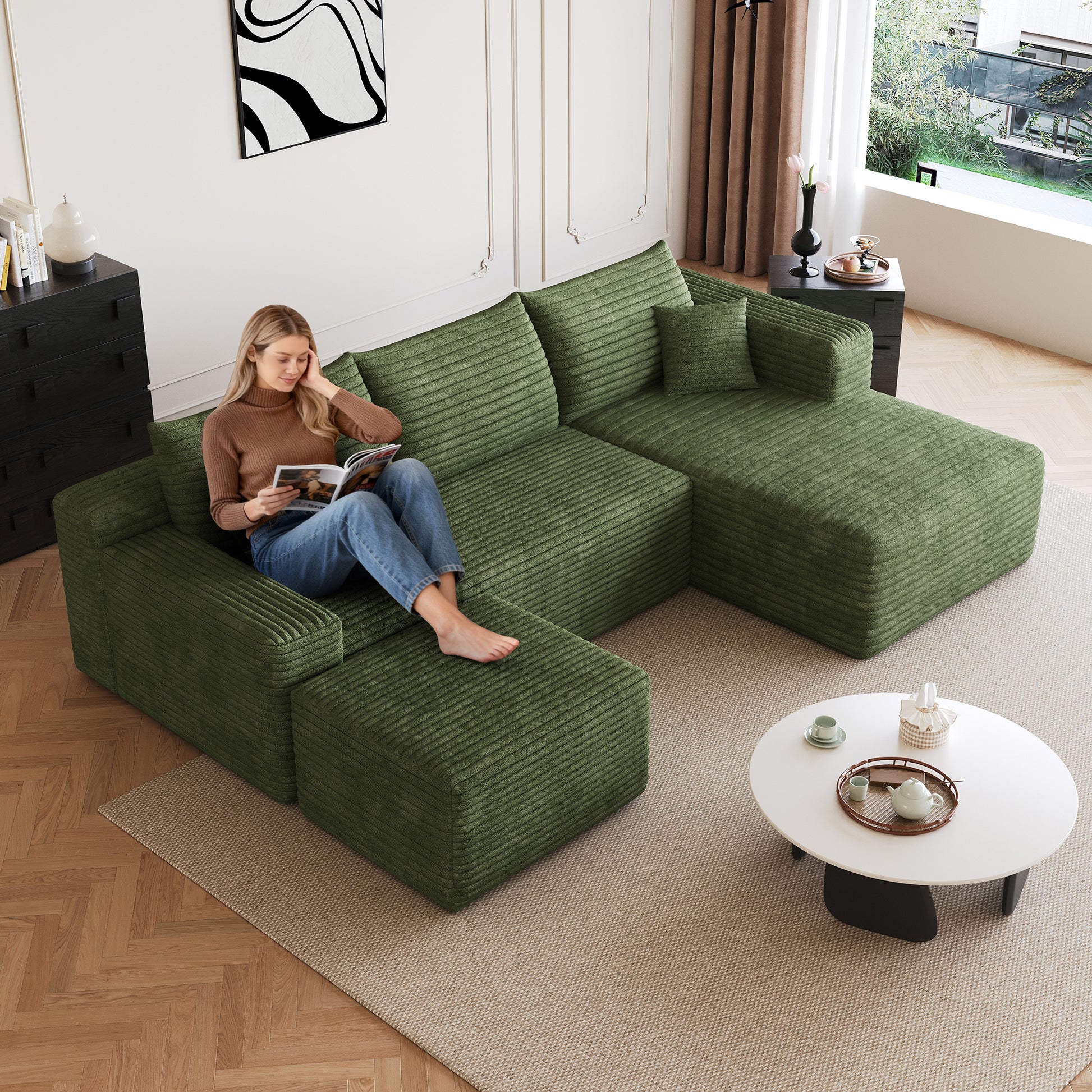 95" Cloud Sectional Sofa with 1 Ottoman,Modern Minimalist Upholstered Couches, Comfort U Shaped Sofa for Living Room,Deep Seat Corner Couch,No Assembly Required,Green((Plush Corduroy Fabric) image 1