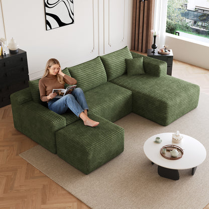 95" Cloud Sectional Sofa with 1 Ottoman,Modern Minimalist Upholstered Couches, Comfort U Shaped Sofa for Living Room,Deep Seat Corner Couch,No Assembly Required,Green((Plush Corduroy Fabric) image 1