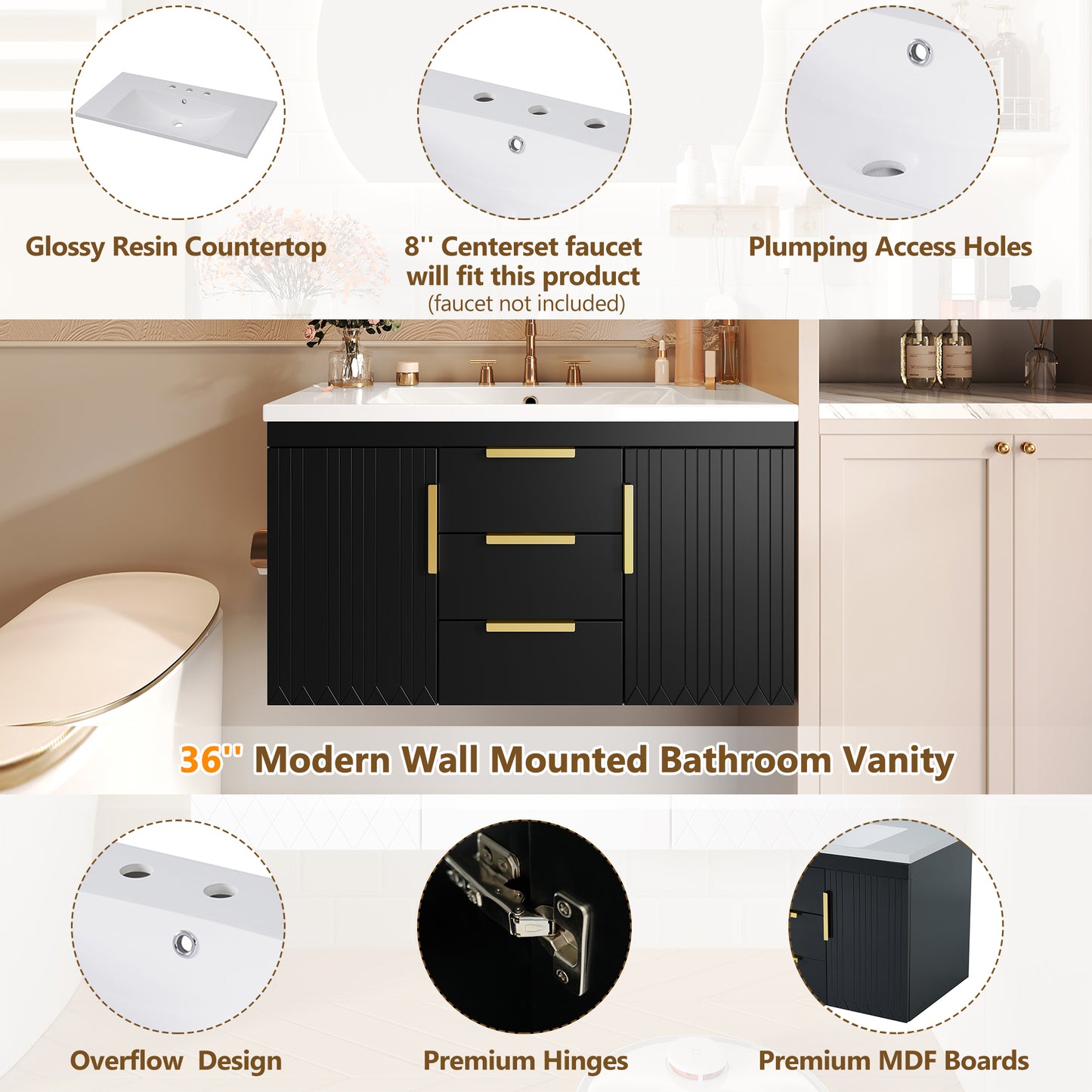 36'' Wall Mounted Bathroom Vanity with Resin Sink, Floating Bathroom Storage Cabinet with 2 Drawers, Solid Wood Bathroom Cabinet (Same as N710S236003B) image 6