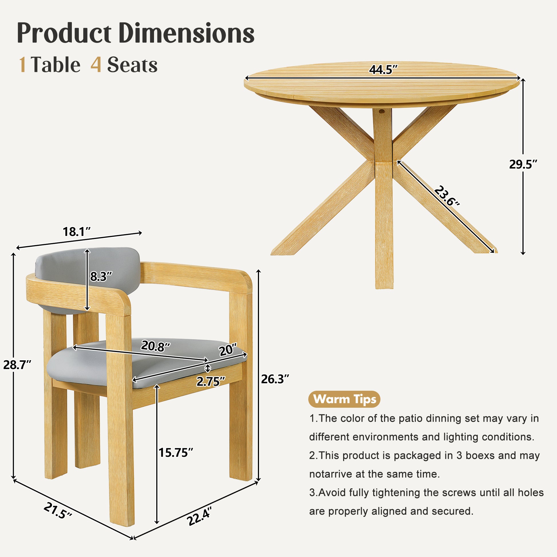 5-Piece Outdoor Acacia Wood Round Dining Set, Solid Wood Patio Table with 4 Barrel Chairs, Cushioned Seats & Backs, Modern Garden Conversation Set, Gray Cushion image 9