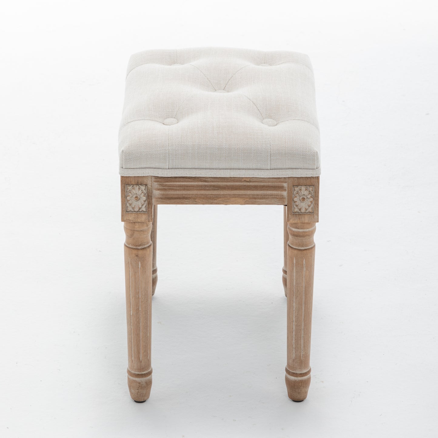 Tufted Vanity Stool with Linen Upholstery & Carved Solid Wood Legs, Dressing Bench for Bedroom, Beige image 7