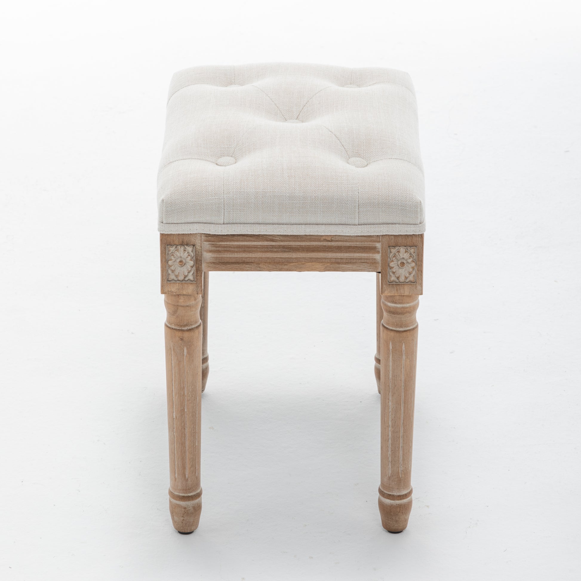 Tufted Vanity Stool with Linen Upholstery & Carved Solid Wood Legs, Dressing Bench for Bedroom, Beige image 7