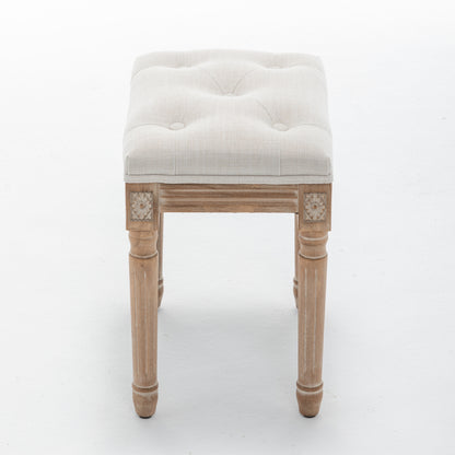 Tufted Vanity Stool with Linen Upholstery & Carved Solid Wood Legs, Dressing Bench for Bedroom, Beige image 7