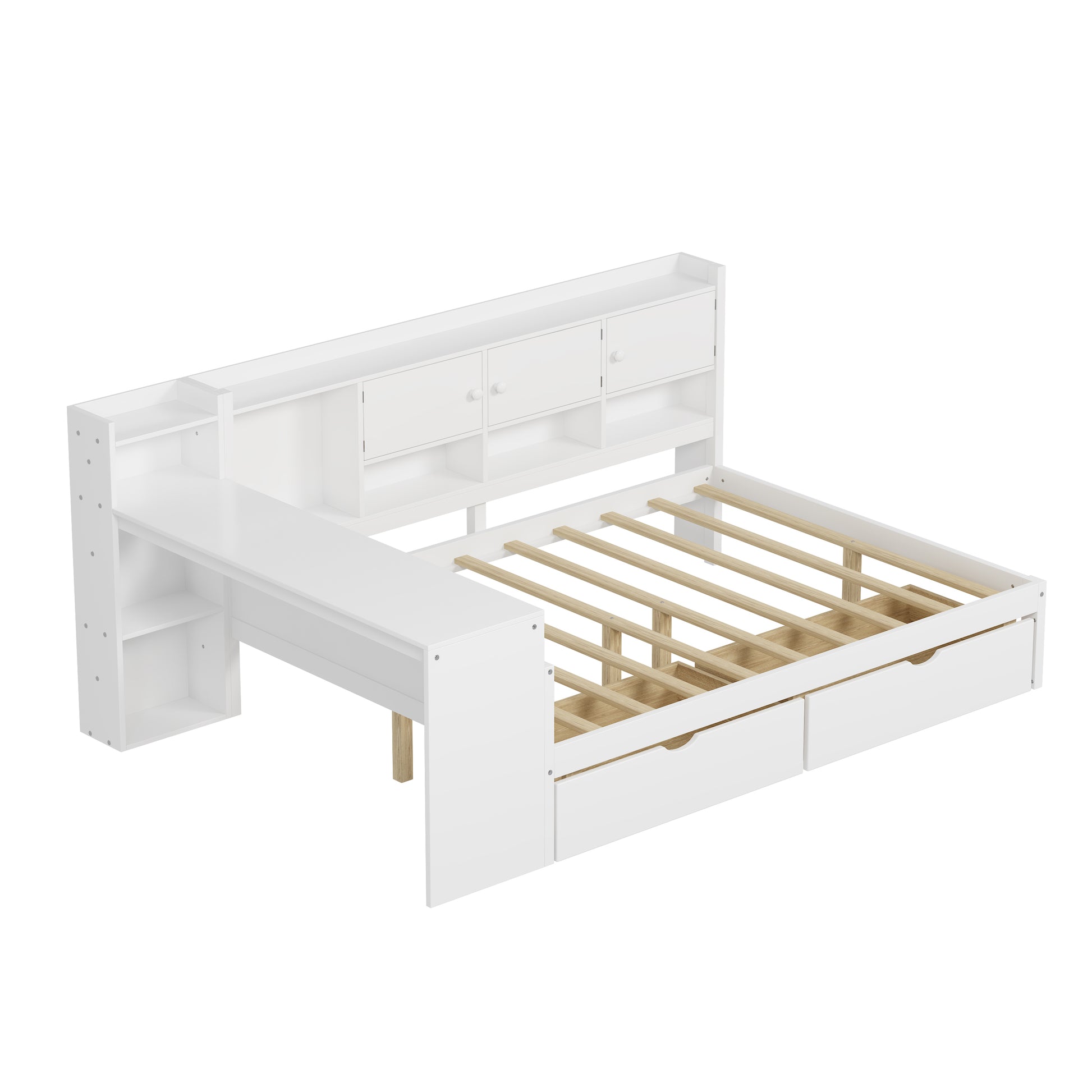Full Size Wooden L-Shape Daybed with Seven Storage Cabinets and Two Storage Drawers, Multi-functional Bed with Study Desk and Built-in Bookshelf, White(old SKU: N733S247077K) image 7