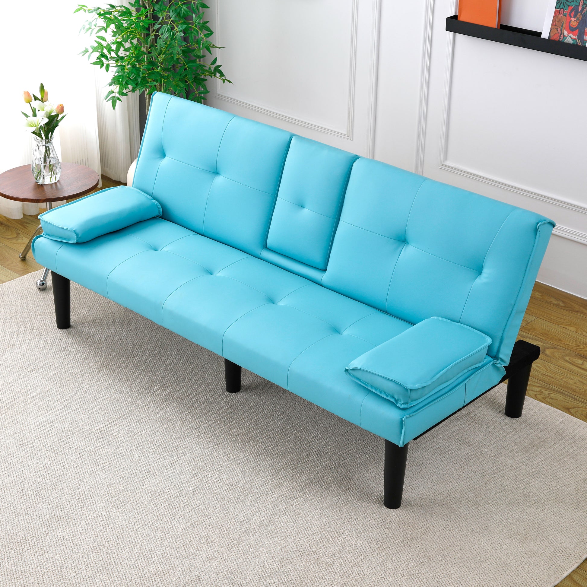 The 67-inch blue PVC multi-functional sofa bed, with a foldable and cup holder design, makes it extremely convenient to turn the living room into a guest room image 4
