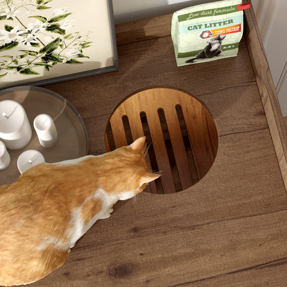 Cat Litter Box Enclosure, Hidden Cat Litter Box Furniture with Drawer and Stairs, Wooden Cat House Washroom for Bedroom,Cat Cabinet Side Table for Living Room, Brown and White image 3
