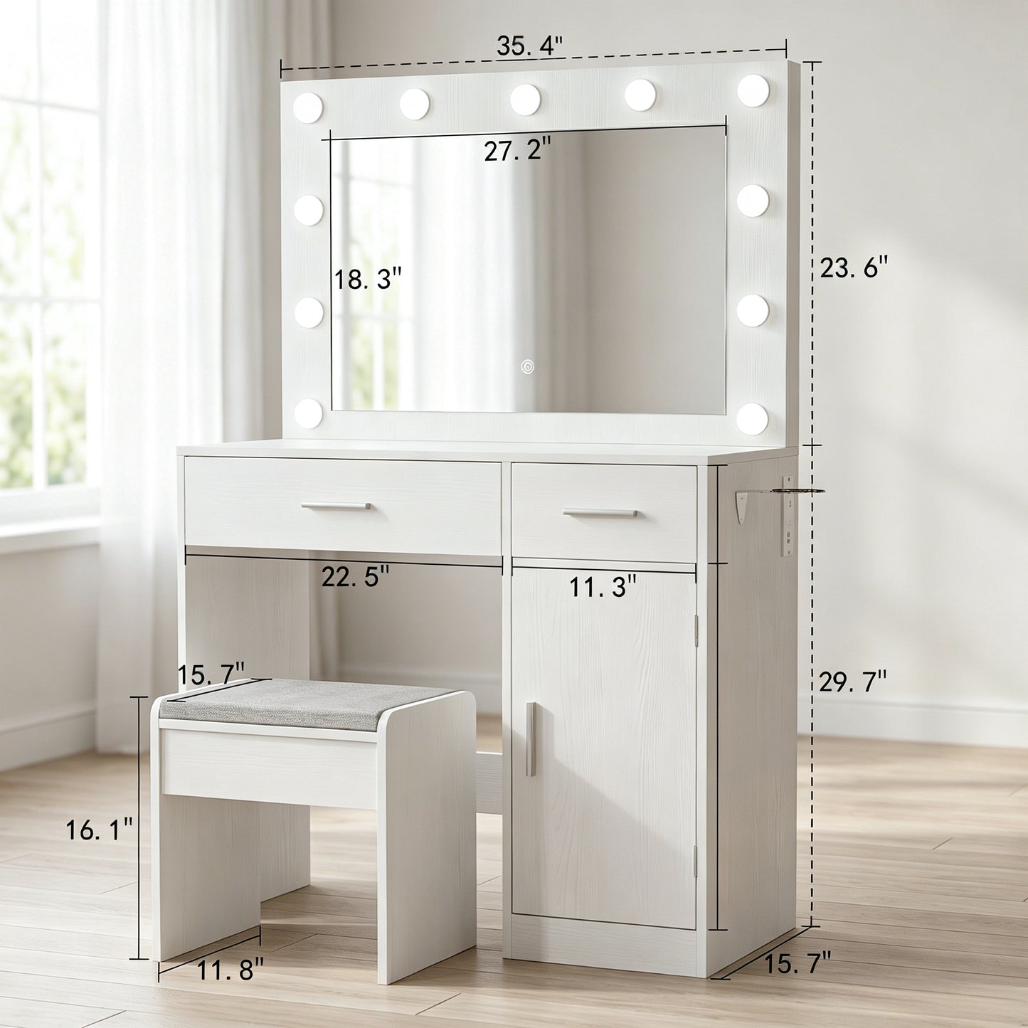 Vanity Desk with Mirror, Large Drawer and Power Socket with 11 Light Bulbs and 3 Adjustable Lighting Modes, Vanity Table Ideal for Bedroom (White) image 3
