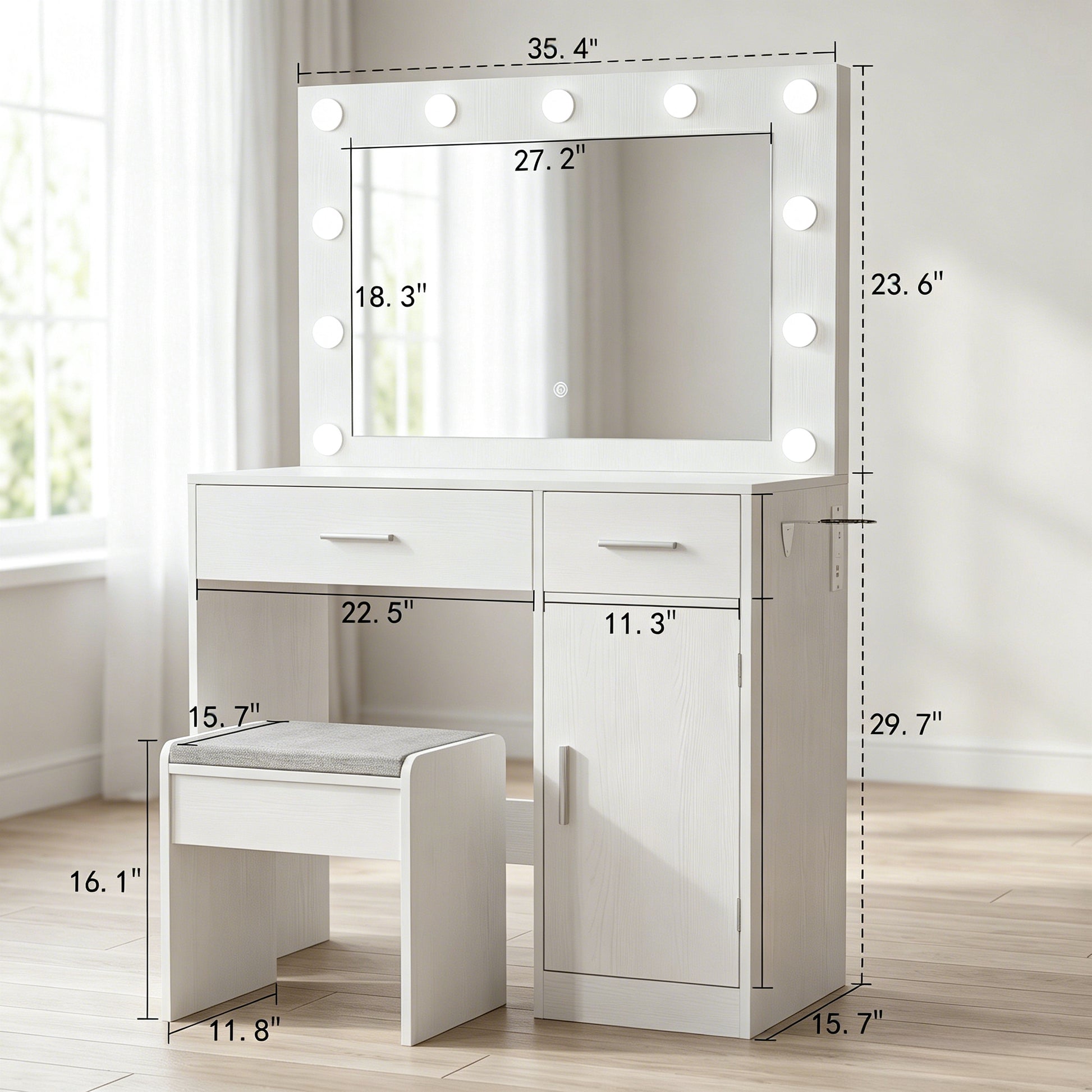 Vanity Desk with Mirror, Large Drawer and Power Socket with 11 Light Bulbs and 3 Adjustable Lighting Modes, Vanity Table Ideal for Bedroom (White) image 3