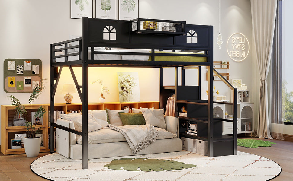 Full Size Loft Bed with Stairs, Metal Full Loft Bed with High and House Shaped Guardrails, High Loft Bed with Wardrobe for Kids Teens, black(Expect Arrival Date2026/3/17) image 5