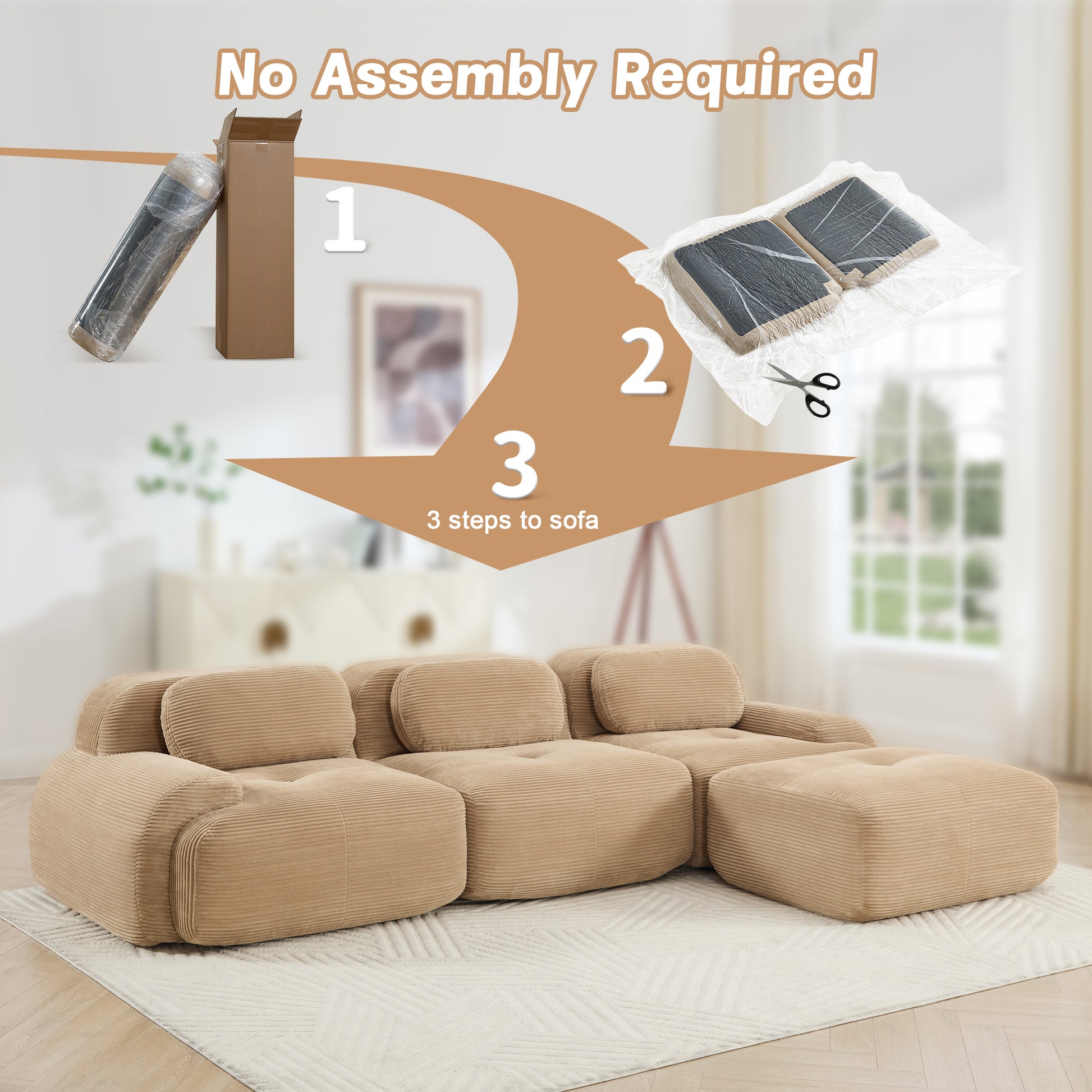 L-shaped modular sofa no assembly ergonomic design pet-friendly luxuryCorduroy Fabric fabric extra-wide curved armrests 32D high-resilience sponge for living rooms bedroom,Camel image 11