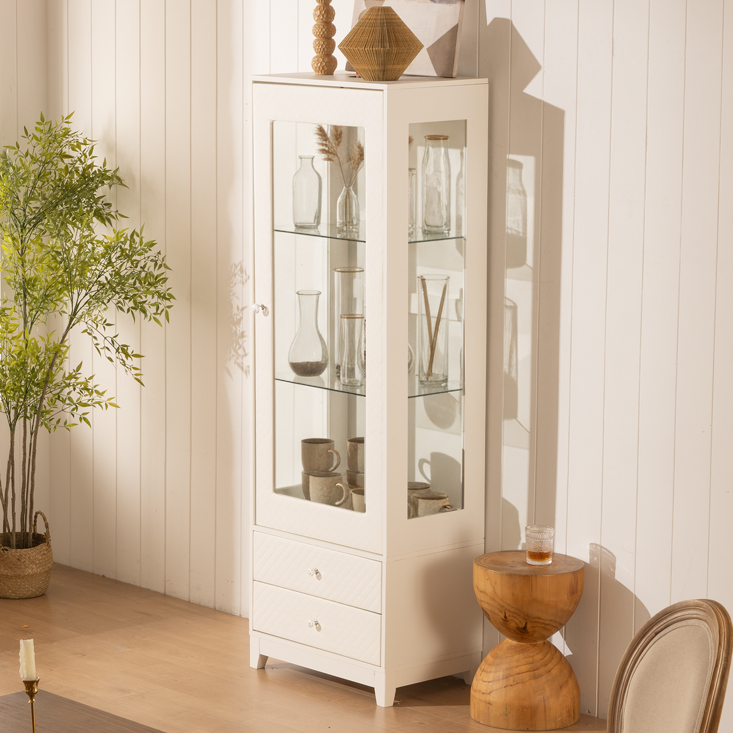 71'' Freestanding Upholstered Display Cabinet, Upholstered Glass Door Cabinet with Ceiling Light,Wine Cabinet with Adjustable Shelves, for Livingroom, Kitchen, Bar & Dining Room - White image 1