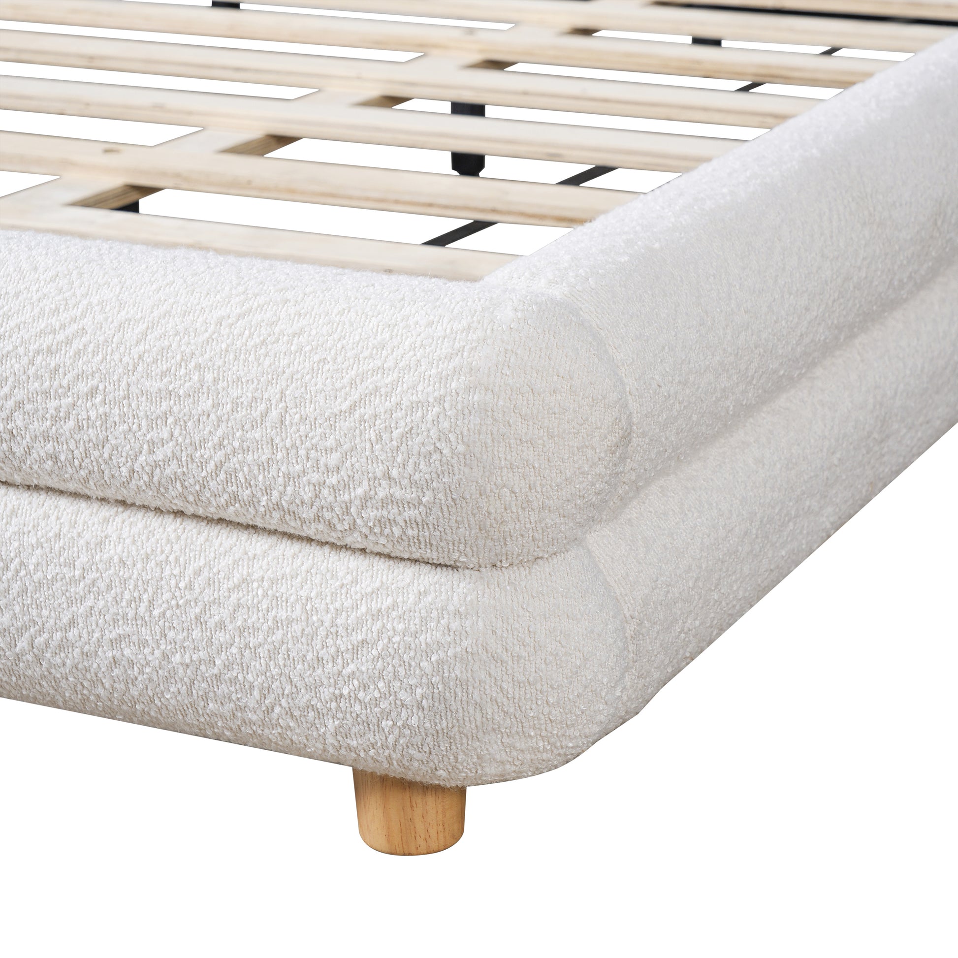 King Size Bed Frame With Boucle Upholstered Thick Curved Headboard, Solid Wood Legs, White image 11