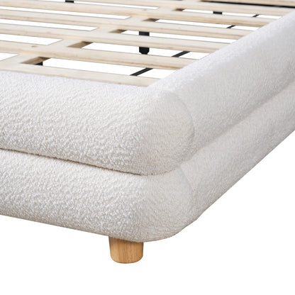 King Size Bed Frame With Boucle Upholstered Thick Curved Headboard, Solid Wood Legs, White image 11