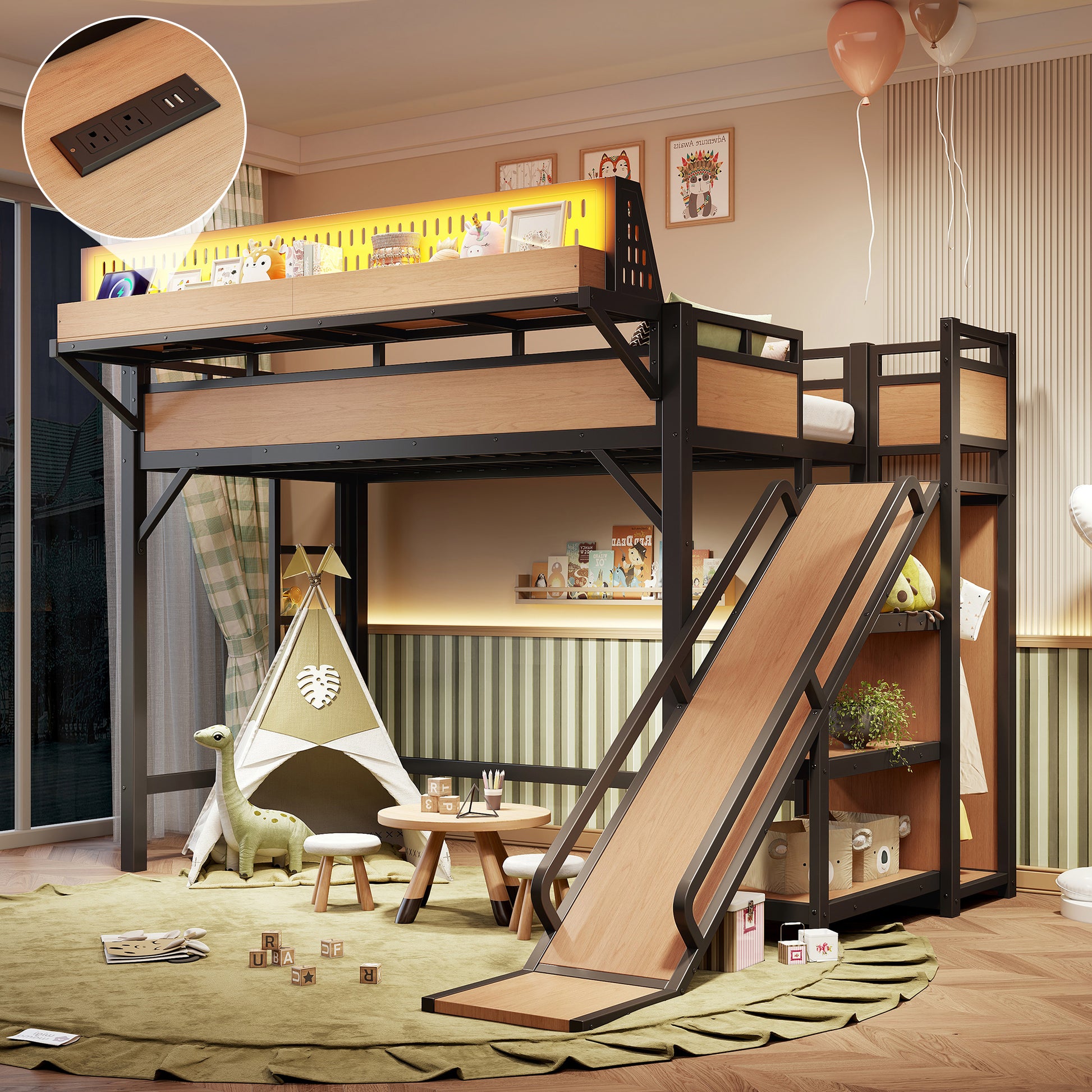 Twin XL Size Loft Bed with Slide, Storage Shelves and Built-in Wardrobe, Metal Loft Bed Frame with USB Ports and LED Lights, with Pegboard, Safety and Solid, Natural image 2