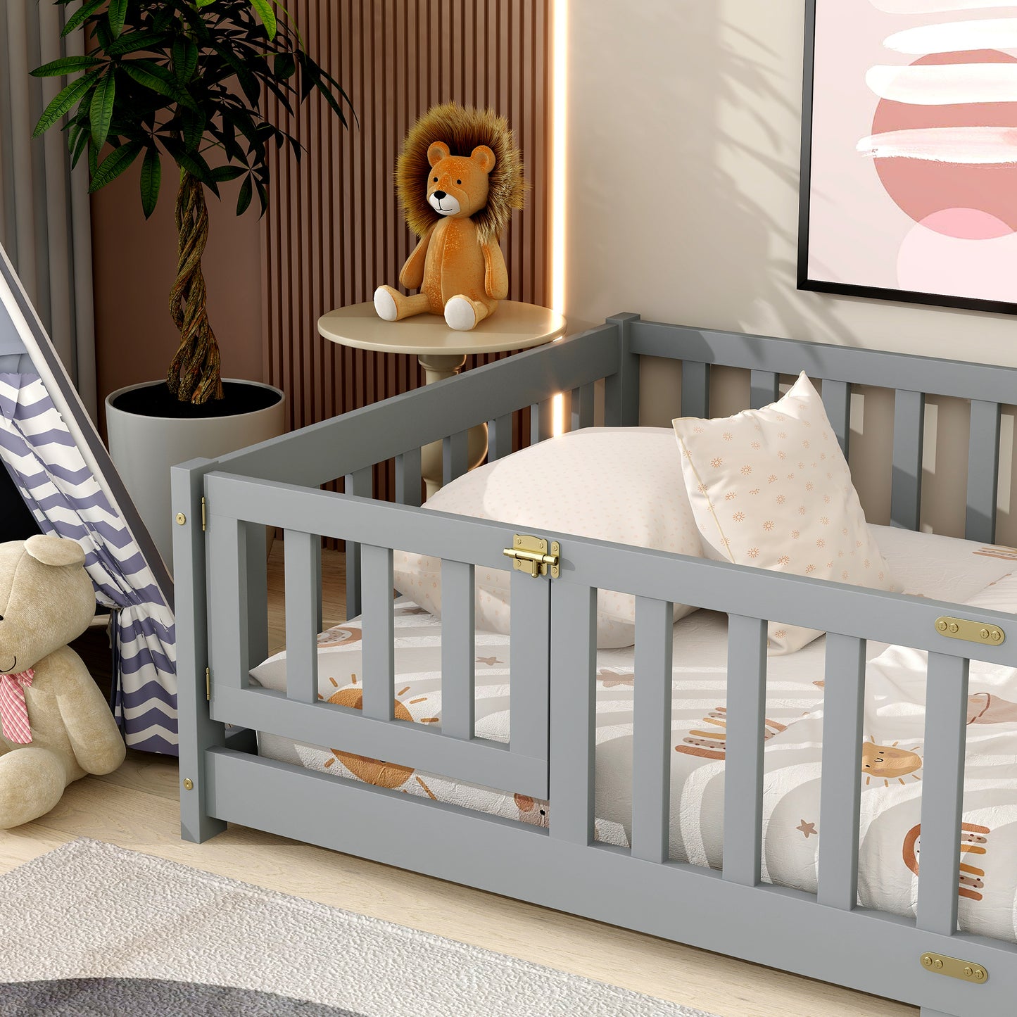 Twin Size Floor Bed with Fence and Door,Rubber Wood Floor Bed with Safety Guardrails,Grey (Old Sku W504P286372) image 9
