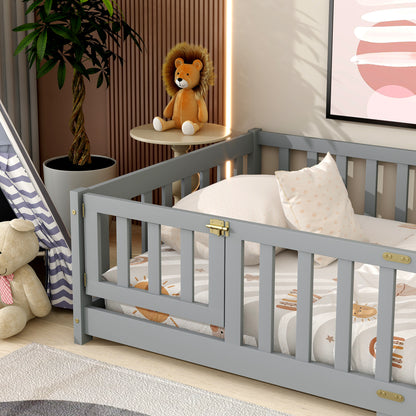 Twin Size Floor Bed with Fence and Door,Rubber Wood Floor Bed with Safety Guardrails,Grey (Old Sku W504P286372) image 9