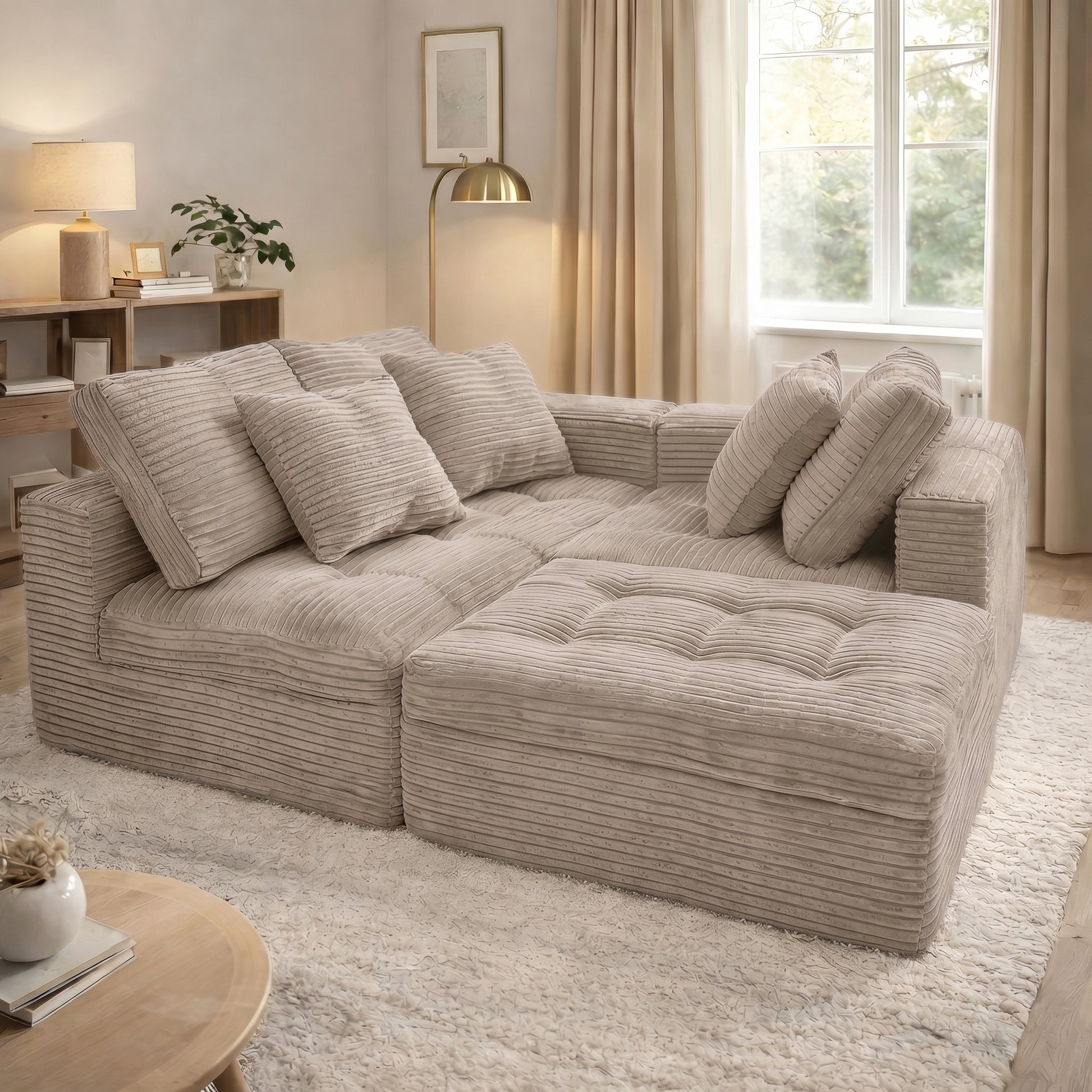 Modular Cloud Sofa Set, 105" DIY Sectional with Ottoman, Pure Foam, Faux Rabbit Fur Velvet, Comfortable Living Room Couch Khaki image 10