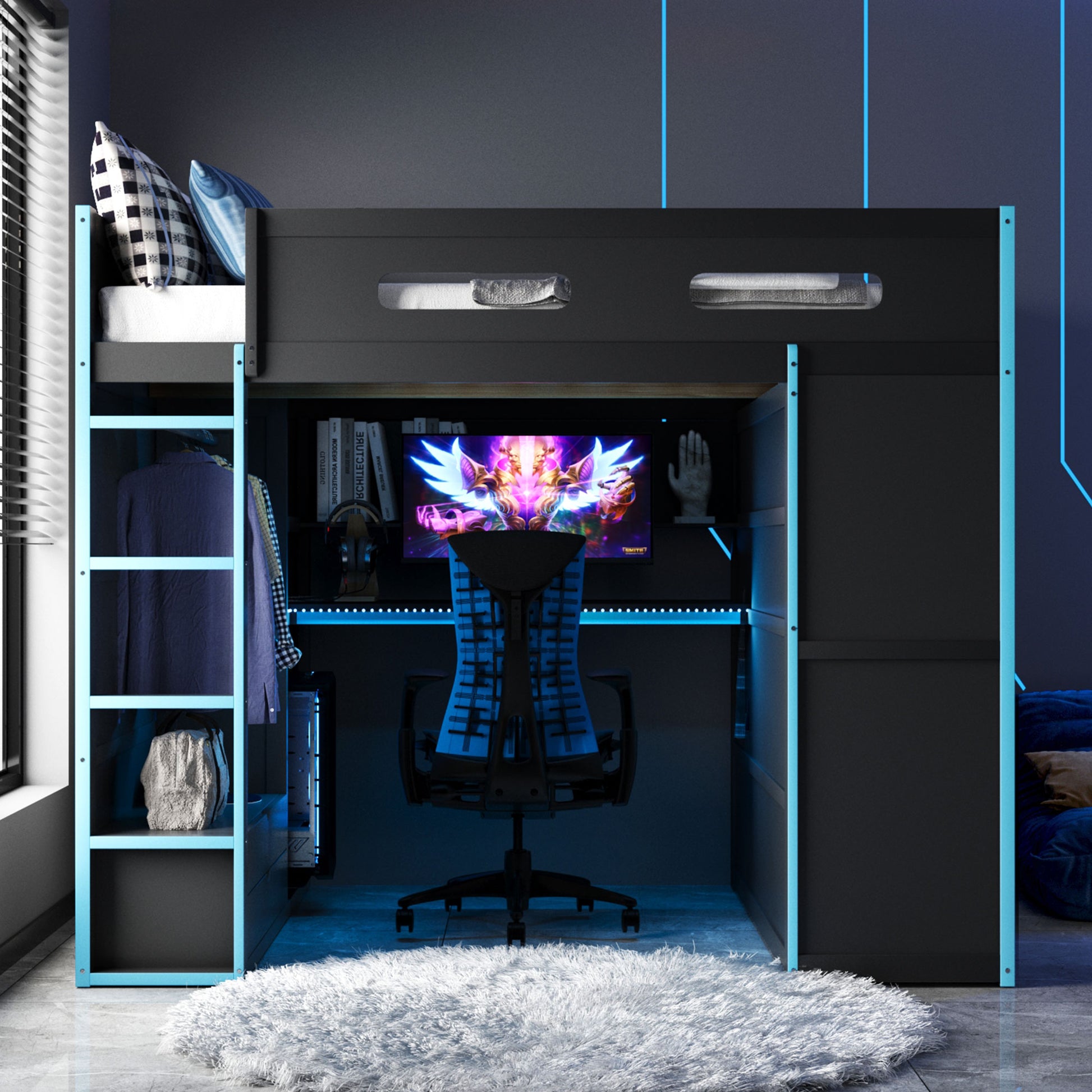 Full Size Wood Loft Bed with Desk,Wardrobe,Ample Storage Space,and RGB Light, Cloud Blue(OLD SKU:LT000261AAC) image 1