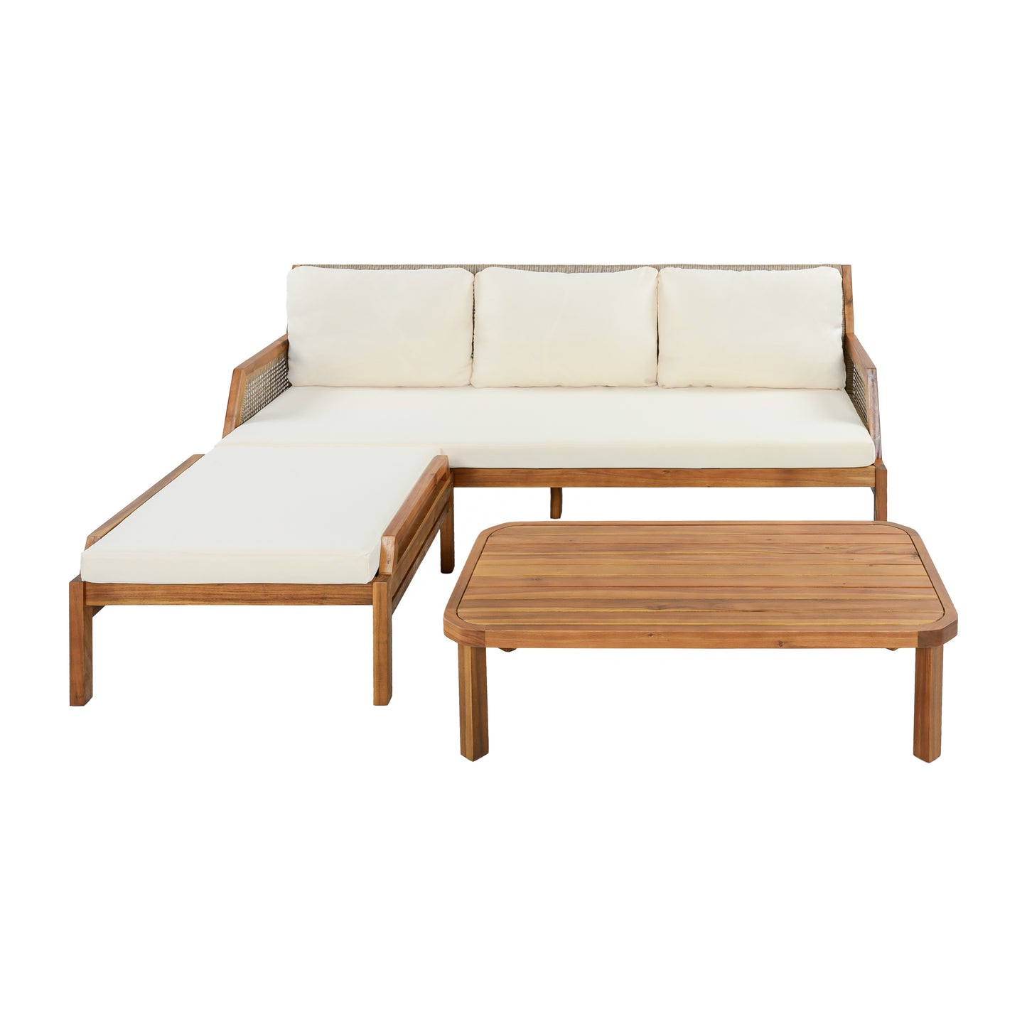 3 Piece Acacia Wood Patio Furniture Set, Outdoor Wicker Furniture Sectional Sofa Set with Coffee Table, 4 Seats Sofa Deep Seating with Soft Cushions for Garden, Backyard, Teak & Mix Brown & Cream image 4
