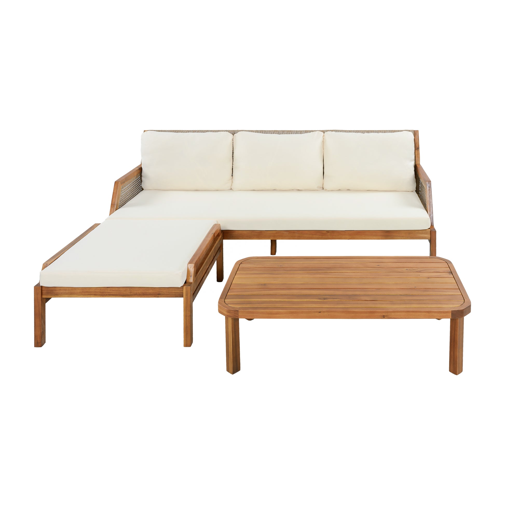 3 Piece Acacia Wood Patio Furniture Set, Outdoor Wicker Furniture Sectional Sofa Set with Coffee Table, 4 Seats Sofa Deep Seating with Soft Cushions for Garden, Backyard, Teak & Mix Brown & Cream image 4