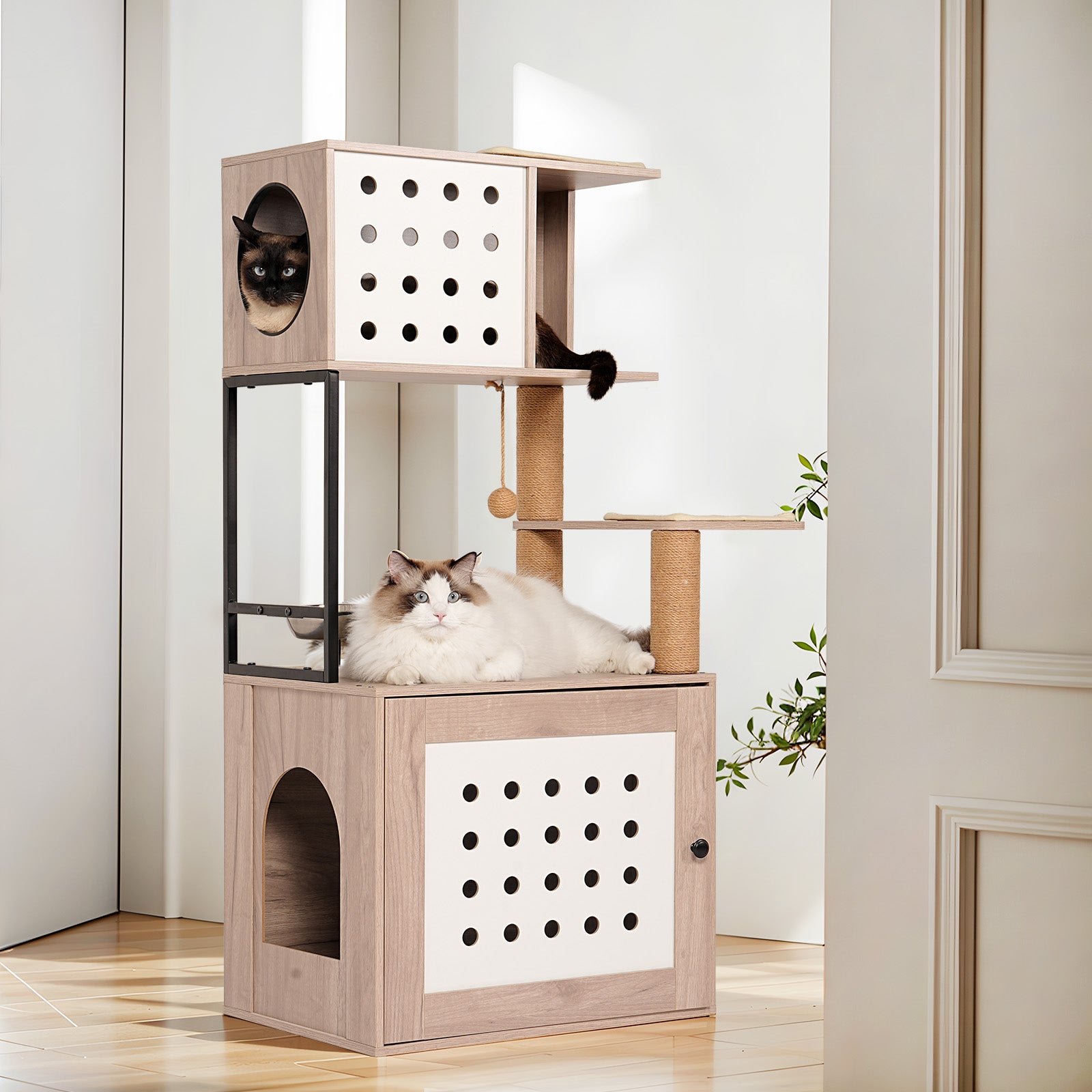 Cat Tree with Litter Box Enclosure, All-in-one Cat Tower for Indoor Cats with Large Hammock, Bed, Food Station, Scratching Posts, Modern Style Pet Furniture, Gray+white image 3