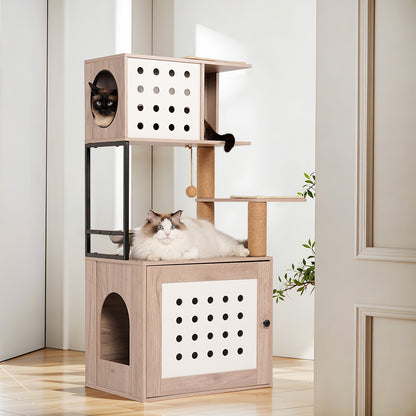 Cat Tree with Litter Box Enclosure, All-in-one Cat Tower for Indoor Cats with Large Hammock, Bed, Food Station, Scratching Posts, Modern Style Pet Furniture, Gray+white image 3