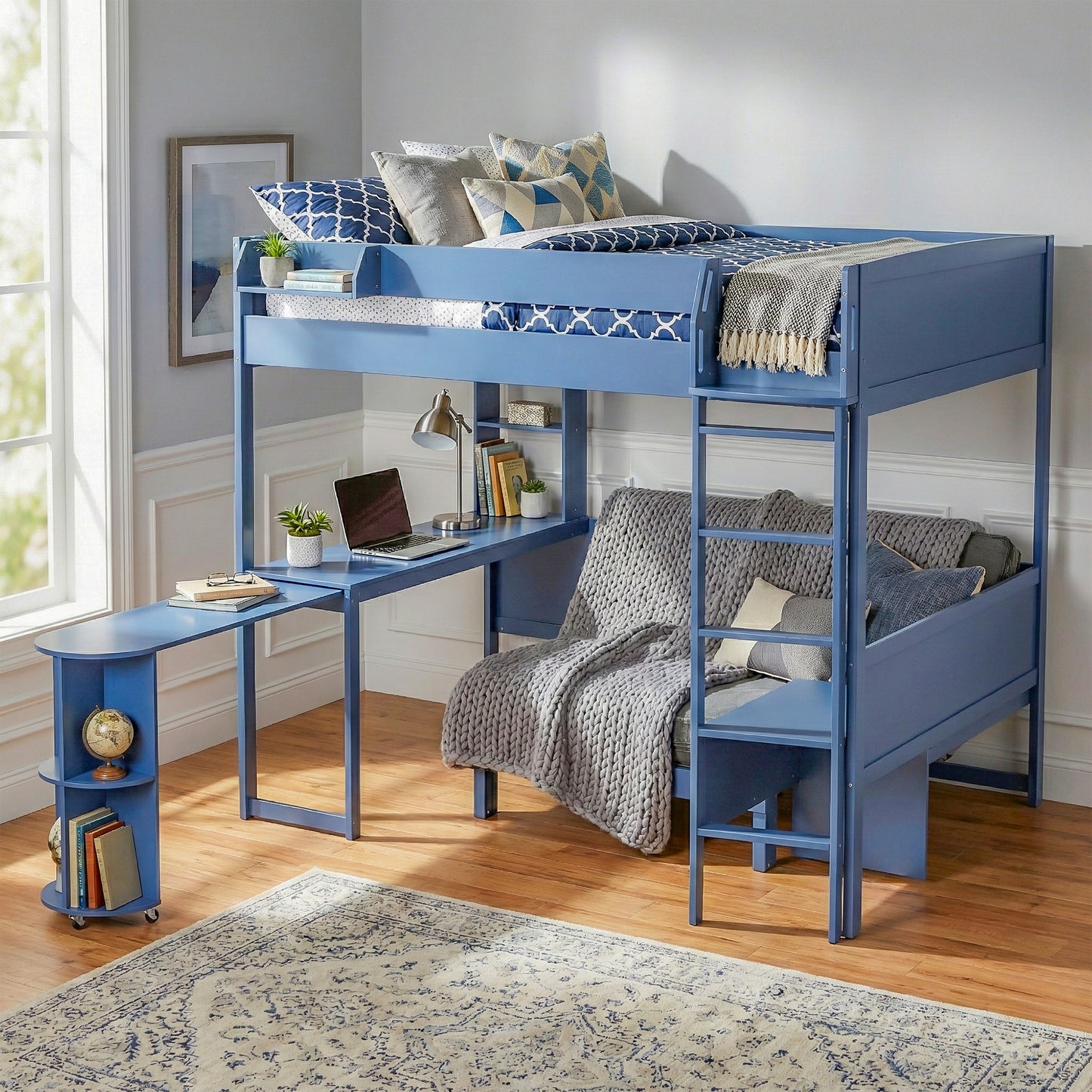 Full Size Wood Loft Bed with Desk, Bedside Storage Shelf, Sofa and Light, Navy Blue image 3
