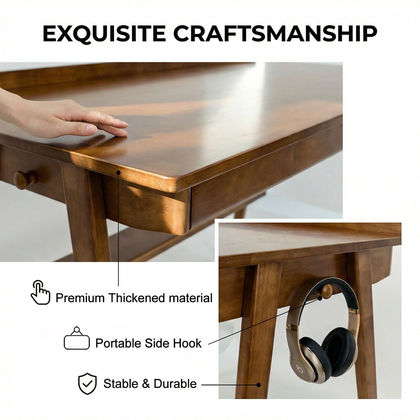 Solid Wood Writing Desk, Home Office Desk for Small Spaces, Mid Century Modern Desks with 2 Drawers & Storage Shelf, Standing Desk with Side Hooks for Study, Bedroom, Office (Walnut) image 11