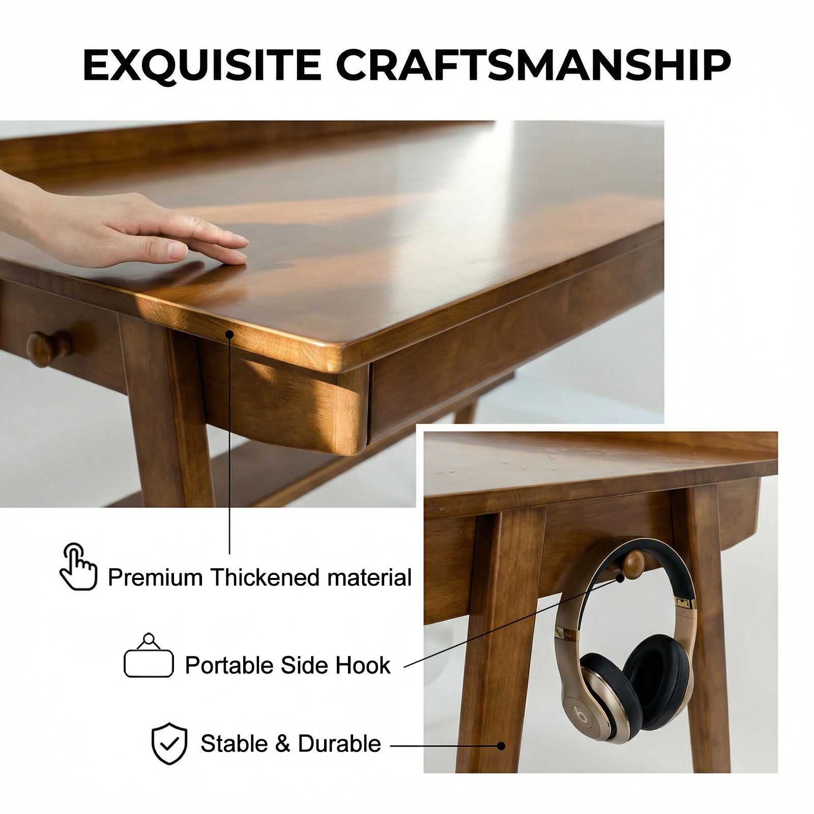 Solid Wood Writing Desk, Home Office Desk for Small Spaces, Mid Century Modern Desks with 2 Drawers & Storage Shelf, Standing Desk with Side Hooks for Study, Bedroom, Office (Walnut) image 11