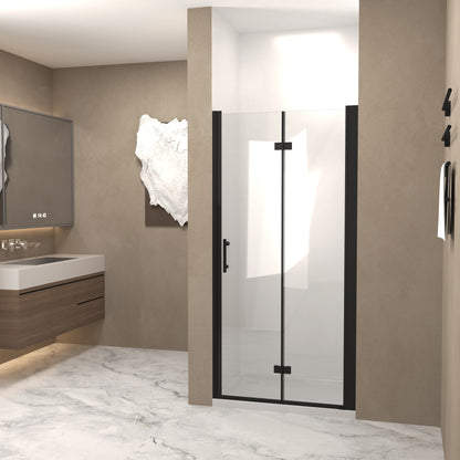 29-28"x 72" Bifold Shower Door, 1/4"(6mm) Tempered Glass, Matte Black Aluminum Frame, Explosion Proof Film image 2