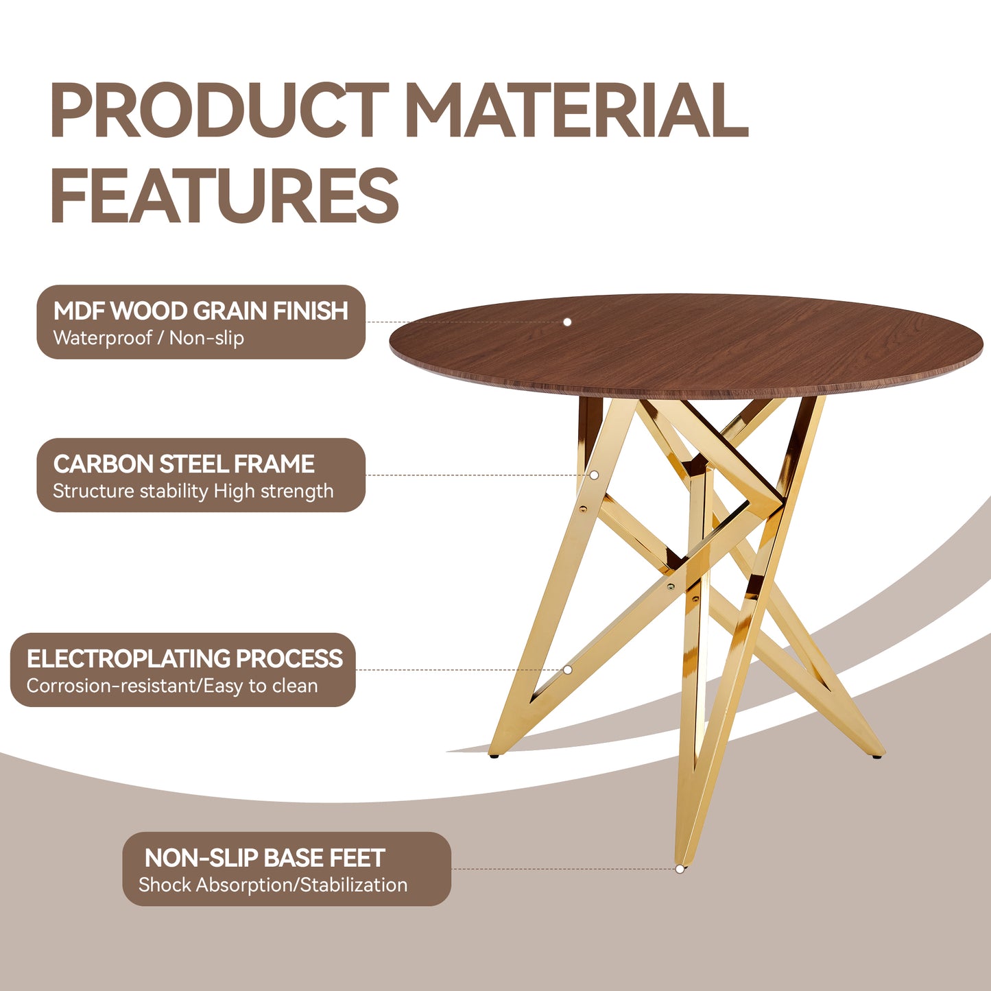37Inch Round Dining Table, Small Round Kitchen Table With Golden Metal Legs, Suitable For 2 To 4 People, Modern Dining Room Table, Brown, Walnut Color. image 5