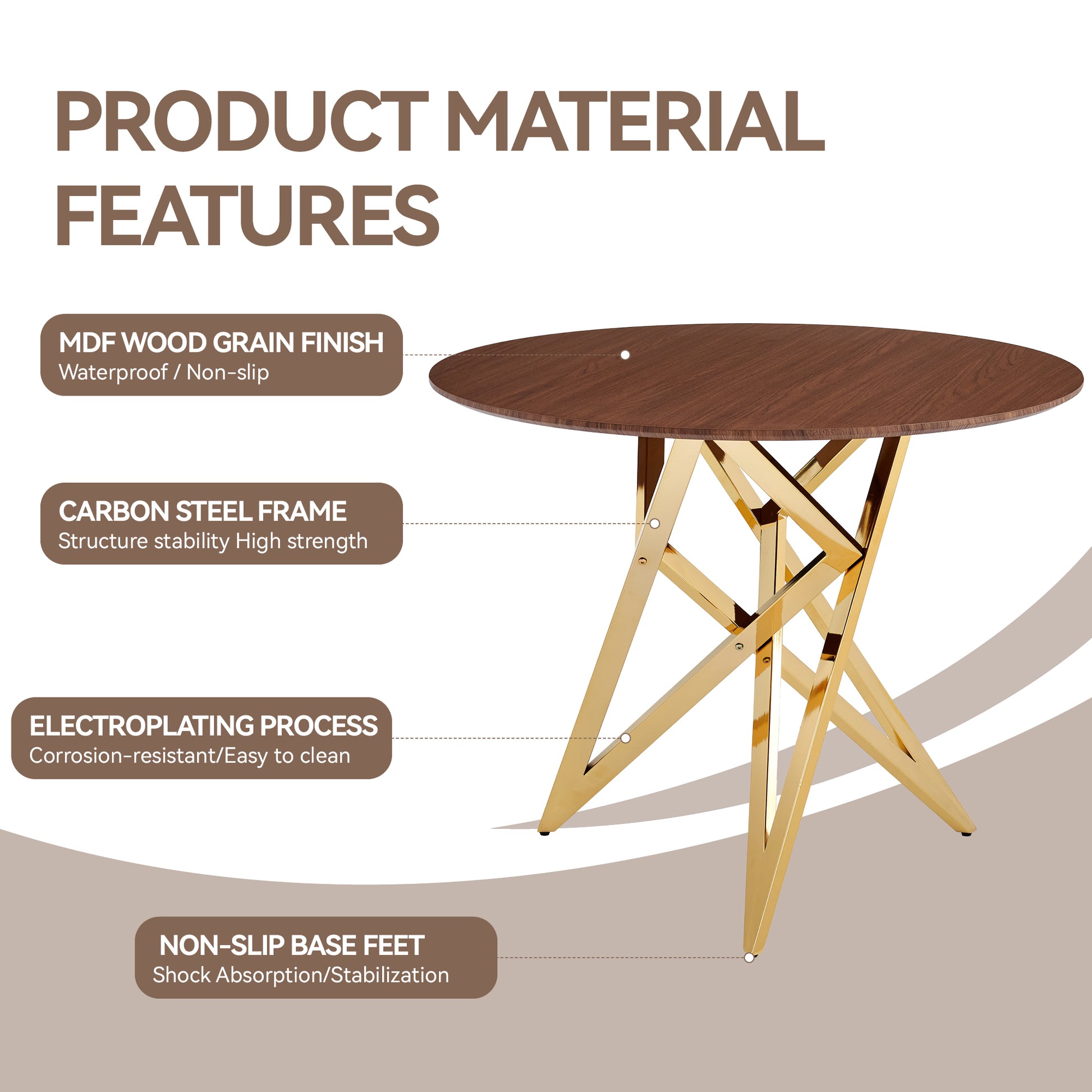37Inch Round Dining Table, Small Round Kitchen Table With Golden Metal Legs, Suitable For 2 To 4 People, Modern Dining Room Table, Brown, Walnut Color. image 5