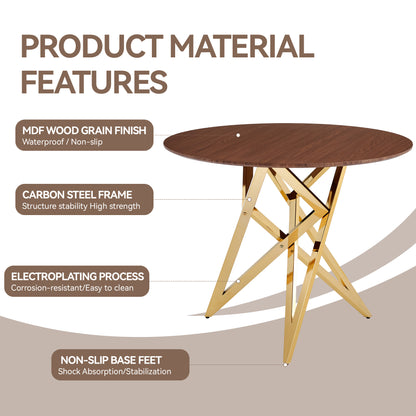 37Inch Round Dining Table, Small Round Kitchen Table With Golden Metal Legs, Suitable For 2 To 4 People, Modern Dining Room Table, Brown, Walnut Color. image 5