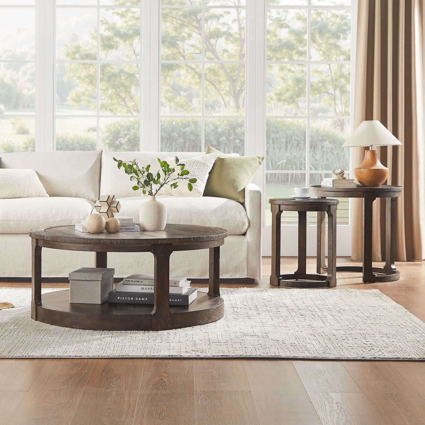 24 inch 2PCS Curved Traditional Round Circle Wooden Coffee Table Set,Mid Century Rustic Style Side Table,End Table for living Room,Office,Apartmen,Drak Brown image 6