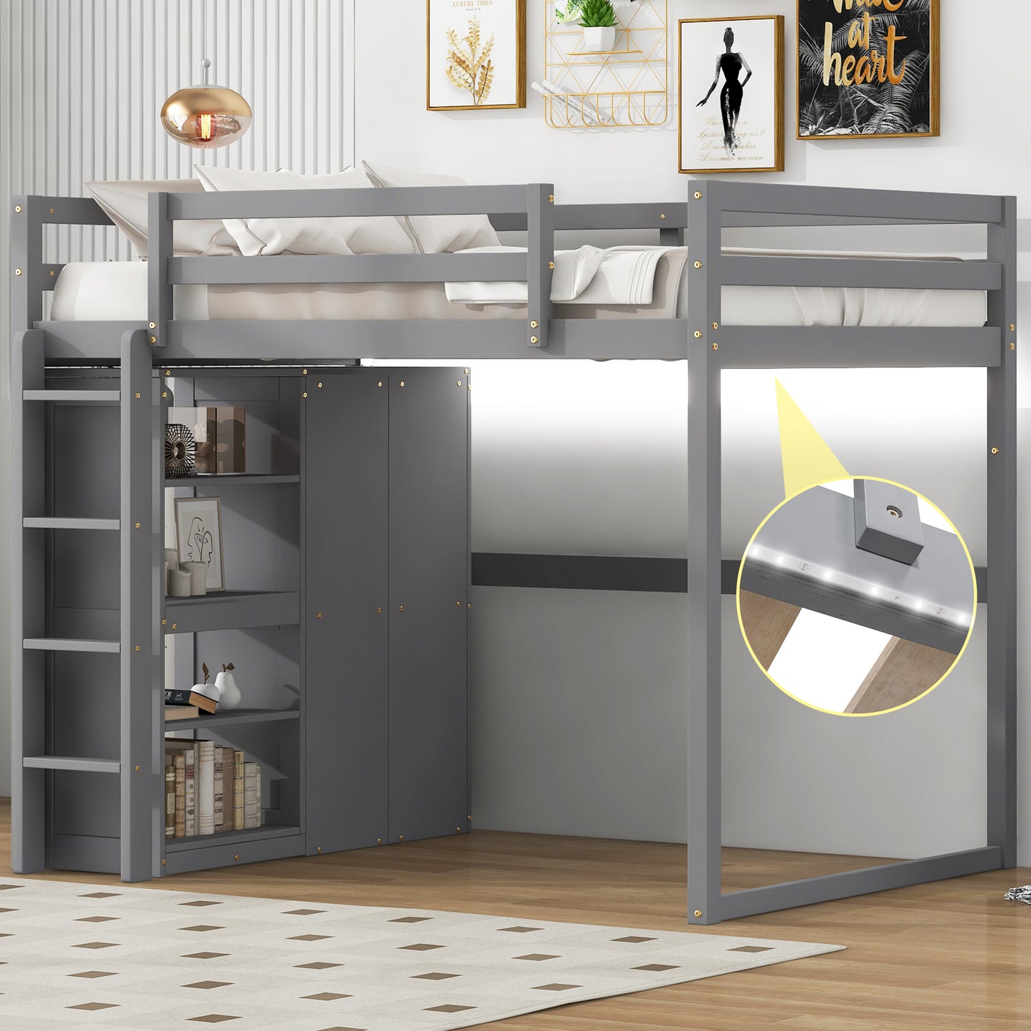 Wood Full Size Loft Bed with Built-in Wardrobe and Storage Shelves, Led light, Gray image 3
