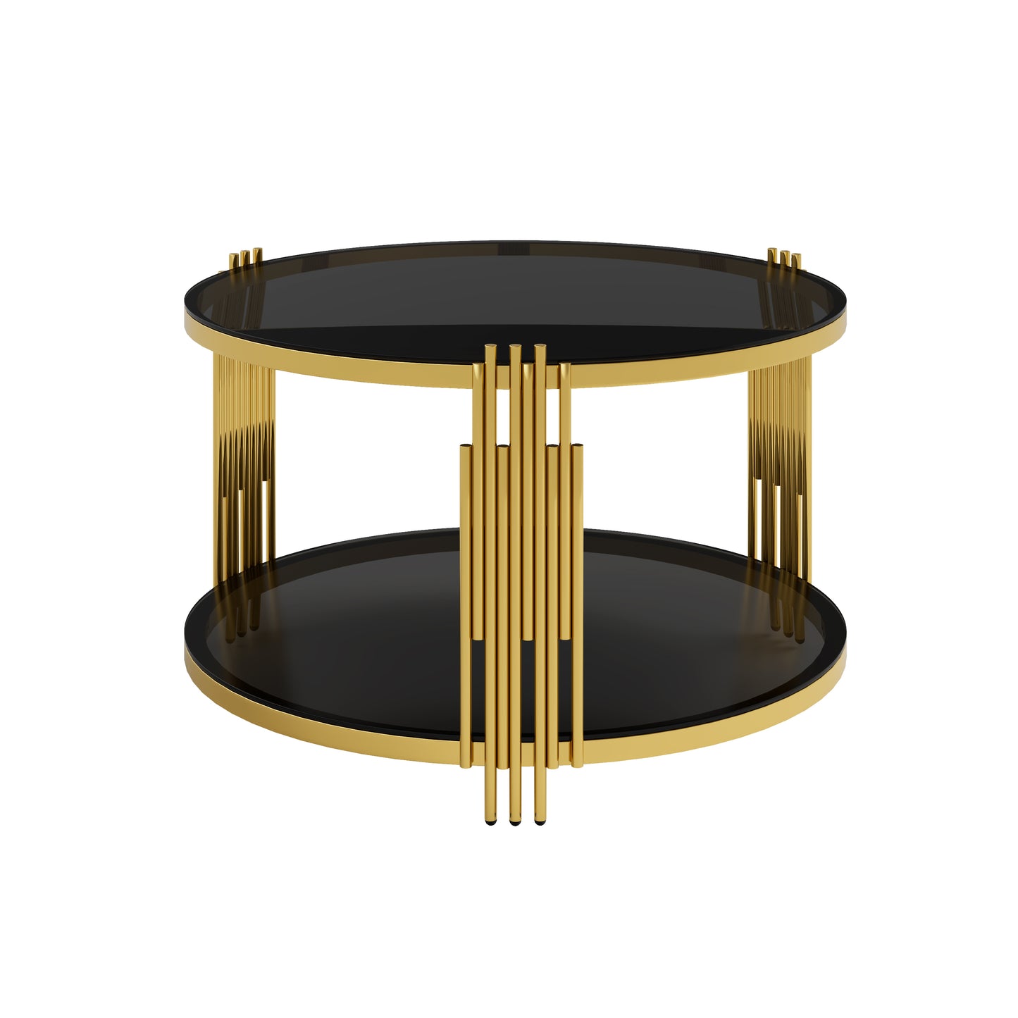 Living Room Table Set of 3 with 1 Coffee Table and 2 End Tables, Round, Tempered Glass, Asymmetrical Metal, Gold Finish & Lower Shelf, 31.5" image 11