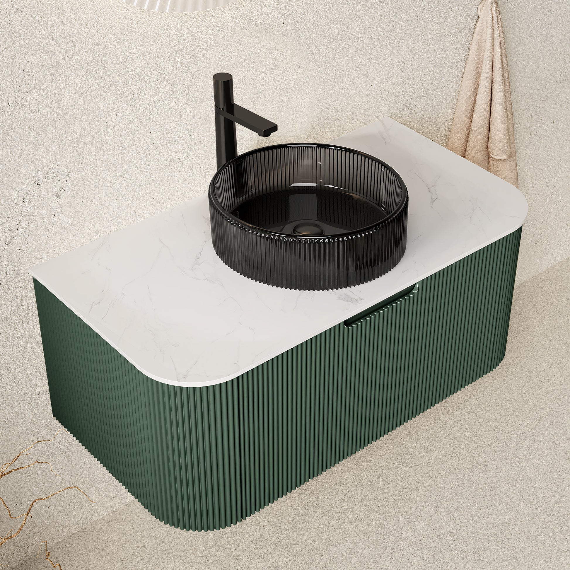 DINA 36" Bathroom Vanity&Sink,Floating Curved Edges Striped Storage Plywood Bathroom Cabinet with Drawer,Transparent Black Round Crystal Glass Basin&Sintered Stone Top,Pre-assembled,Dark Green Color image 3