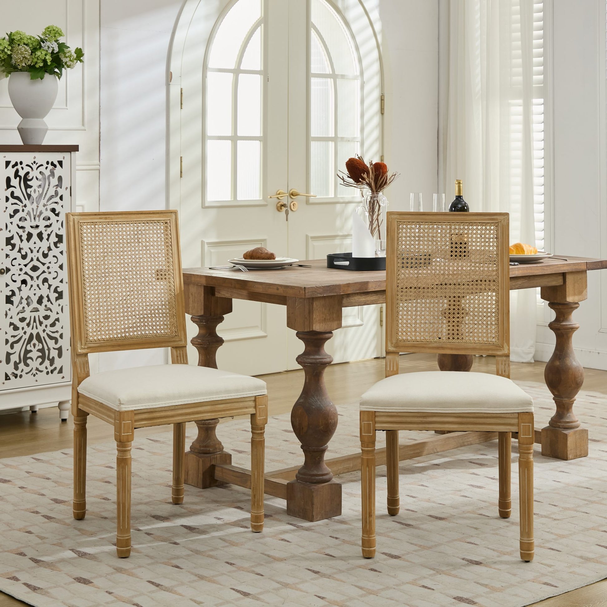 French Decor Chairs Set of 2, Louis Dining Chairs with Square Rattan Backrest and Exquisitely Carved Solid Wood Frame for Living Room, Kitchen, Restaurant,SW1779BG, Beige image 1