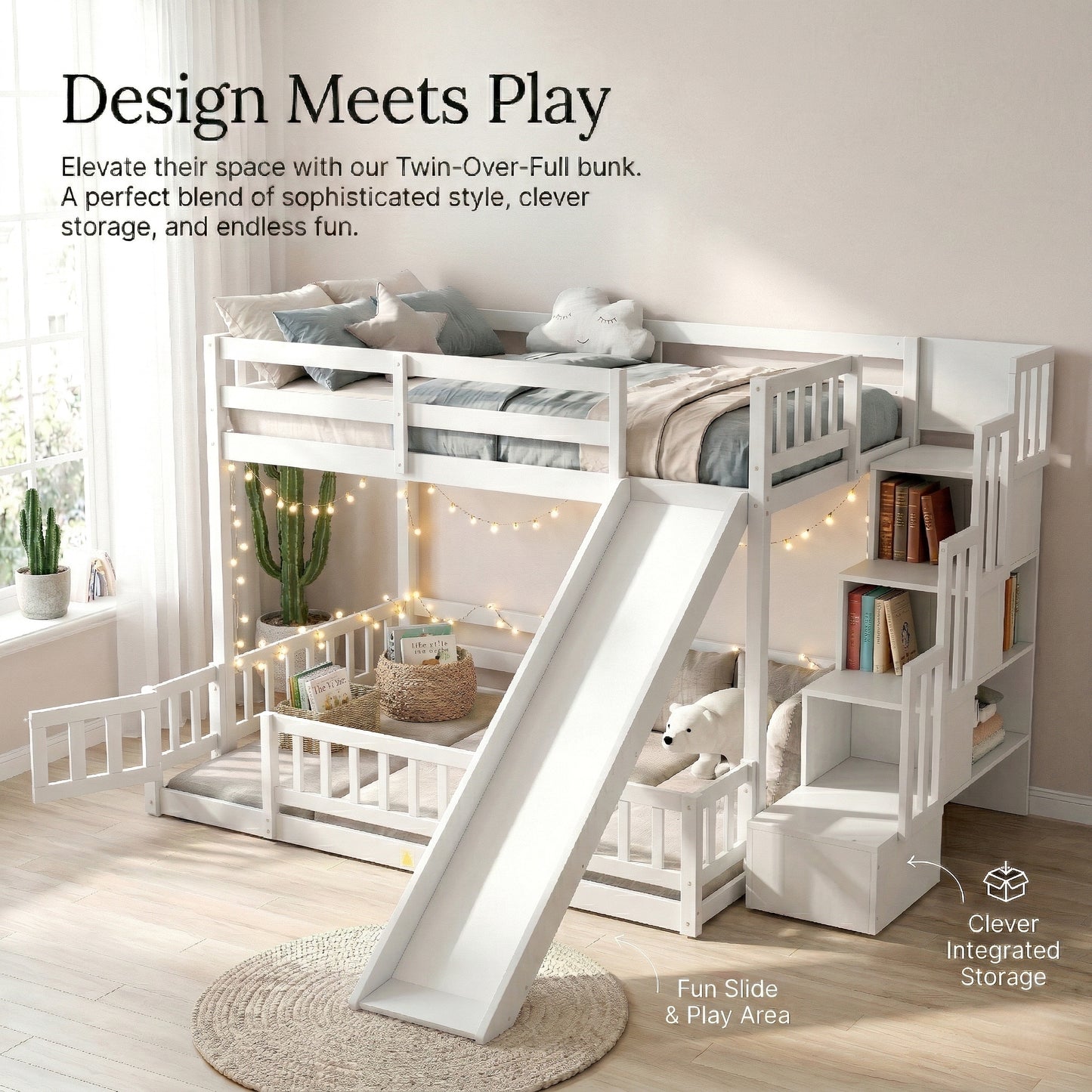Twin Over Full Bunk Bed with Slide, Storage Staircase, Pine Solid Wooden Bunk Bed with Safety Guardrails,White (Old Sku W504S00185) image 9